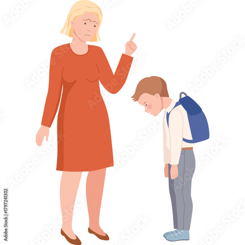 Mother Scolds Son Sternly With Finger Pointing Gesture Adult Woman Wearing Orange Dress Reprimands Boy With Backpack Who Looks Downcast And Ashamed In Clean Simple Illustration