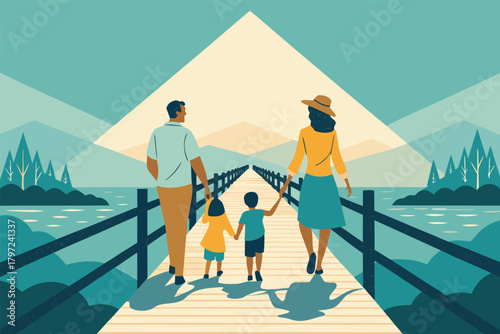 Happy family strolling leisurely on a scenic wooden bridge, crossing a gently flowing river, surrounded by lush nature.