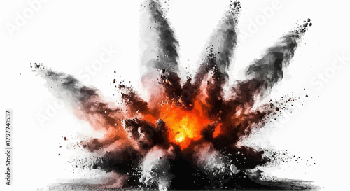 Dramatic explosion with fiery core and billowing smoke on a stark white background display graphic art