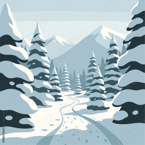 Stylized winter landscape with snow-covered trees and path leading to the mountains