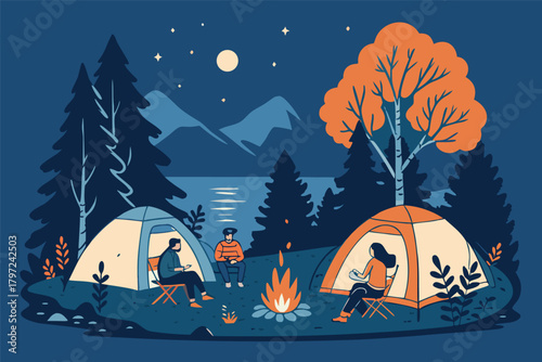 Serene friends, laughter, scenic lakeside camping, tents glow, campfire crackles, starry night, nature's embrace, peaceful adventure.