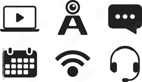 Digital Communication Icons – Black Silhouettes for Remote Work, Streaming, Messaging, and Connectivity UI