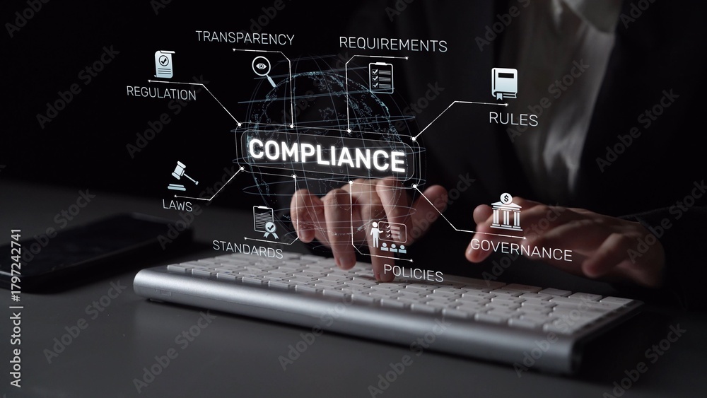 Fototapeta premium Compliance ensures alignment with standards, laws, and policies. A strong compliance system helps enforce regulation, protect organizations, and improve global compliance transparency. Muxer