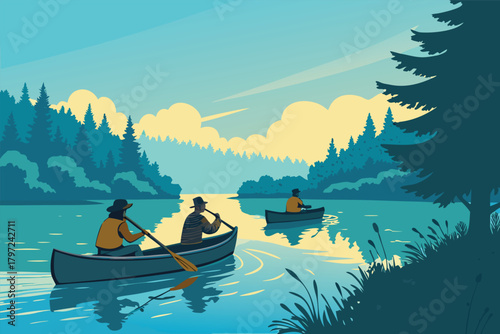 Flat vector friends canoeing on tranquil lake under vibrant blue sky, serene adventure, outdoor recreation, summer fun.