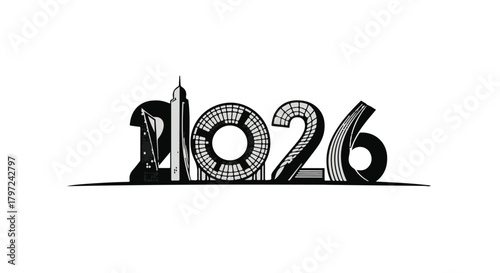 Black and white graphic design of the year twenty twenty six with buildings integrated into the numbers