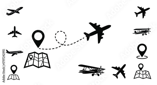 Black and white travel icons depicting planes maps and destinations