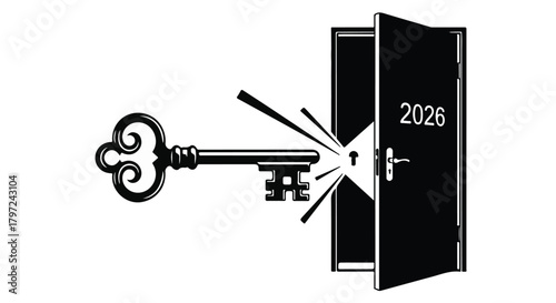 An ornate key unlocking a door labeled with the year twenty twenty six in a black and white graphic