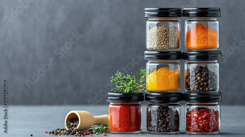 Fototapeta Naklejka Na Ścianę i Meble -  A collection of spice jars filled with various spices like paprika, turmeric, peppercorns, and chili flakes, arranged in a pyramid formation.