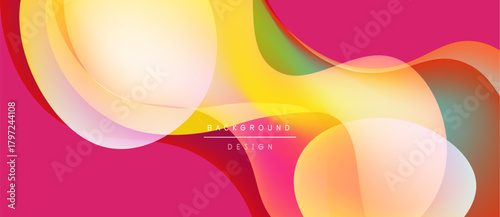 Abstract fluid shapes overlap, creating vibrant color gradients. Pink dominates background, yellow and orange highlight center. Modern design element.