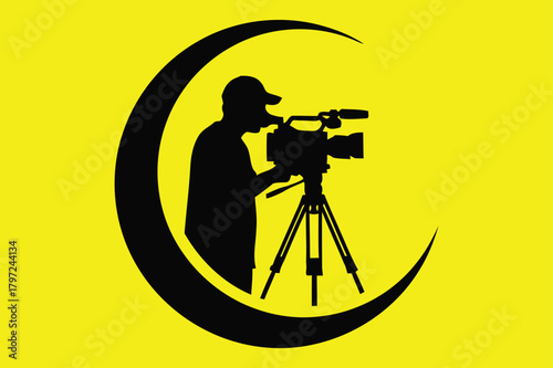 Illustration of creative cameraman logo with silhouette of man and camera