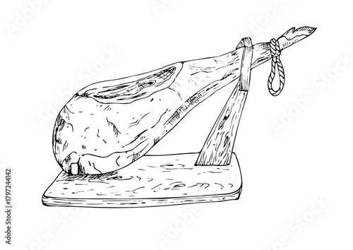 Vector whole cured ham leg on a wooden stand. Graphic ink Traditional spanish jamon serrano illustration, isolated on background. Hand drawn line sketch. For designers, prints, logo, icon, menu