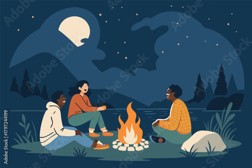 -friends-laughing-together-around-campfire-by-lake.eps