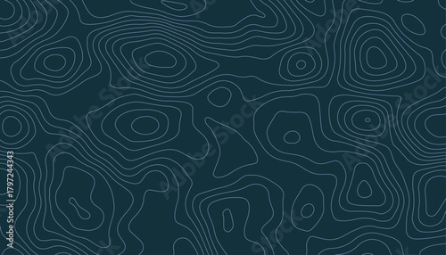 Dark abstract background with white topographic contour lines. Seamless pattern of relief map lines on a deep blue/teal surface.