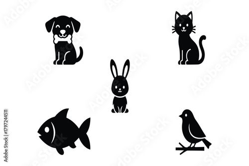 set of black cat, dog, rabbit, fish, and bird silhouettes vector illustration