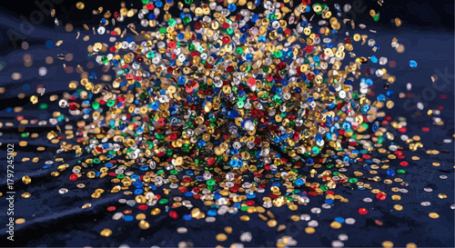 A myriad of colorful sequins scattered across a dark fabric creating a sparkling and textured surface