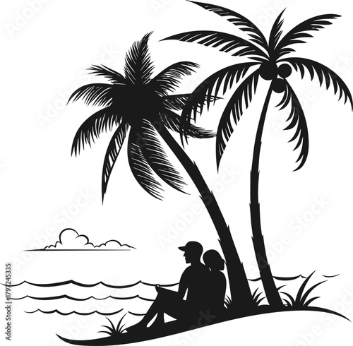 Silhouette of a romantic couple sitting under palm trees on a tropical beach watching the ocean waves