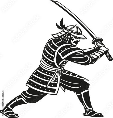 Dynamic illustration of a japanese samurai warrior in traditional armor wielding a katana sword in a combat stance
