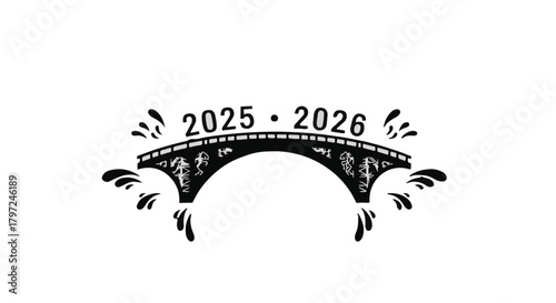 A black and white illustration of a bridge with the years two thousand twenty five and twenty six on top