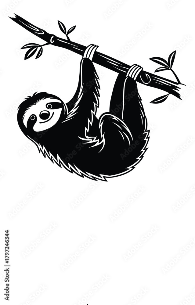 Naklejka premium Whimsical black and white illustration of a happy sloth hanging upside down from a tree branch