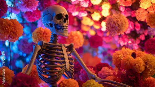Human skeletal figure surrounded by vibrant, colorful blossoms under dramatic lighting
