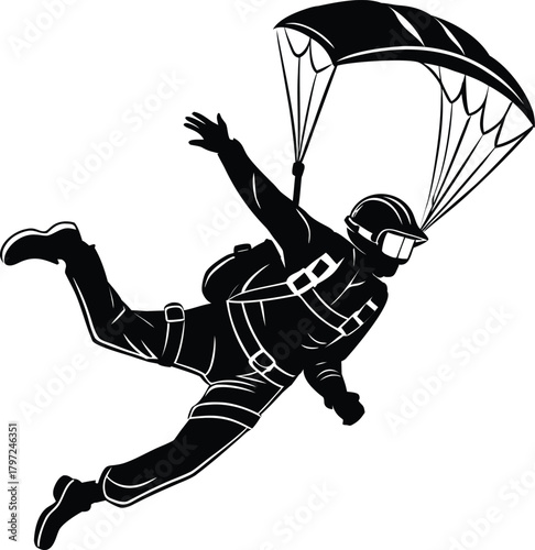 Silhouette of a skydiver in freefall with parachute deployed against a white background