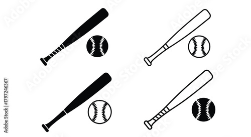 Black and white illustration depicting baseball bats and balls arranged neatly