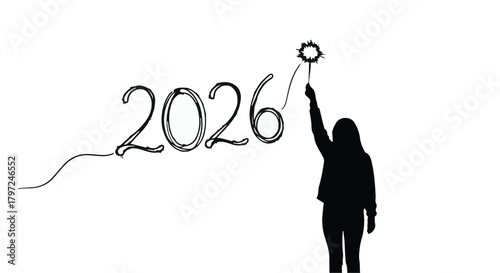 Silhouette of person holding sparkler next to the year two thousand twenty six in black and white