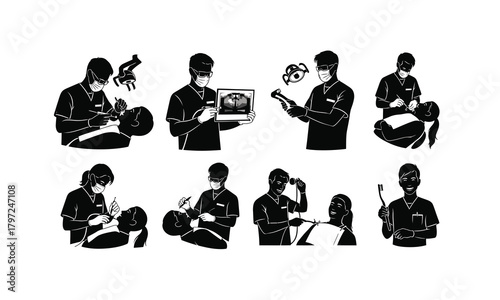 Collection of dentist treating patient silhouette isolated on white background with dental tools and equipment