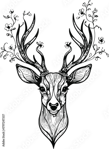 Elegant deer head line art where the antlers evolve into delicate floral vines — blending wildlife with elegance 1