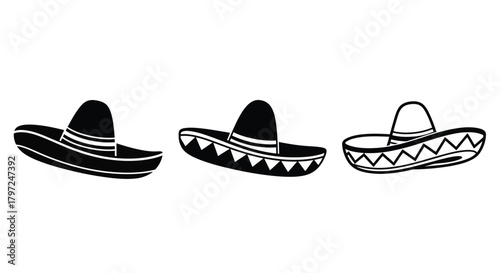 Collection of traditional mexican hats in simple black and white designs