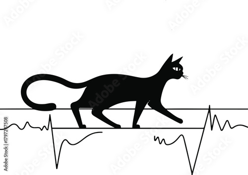 Elegant single line showing a cat walking along a tightrope that turns into a heartbeat line 1