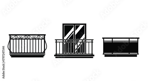 Black and white illustration of three balcony railing designs side view