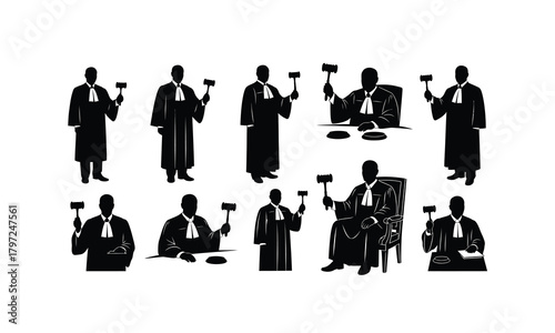 Silhouette of a judge holding a gavel symbolizing justice and legal proceedings isolated on white background