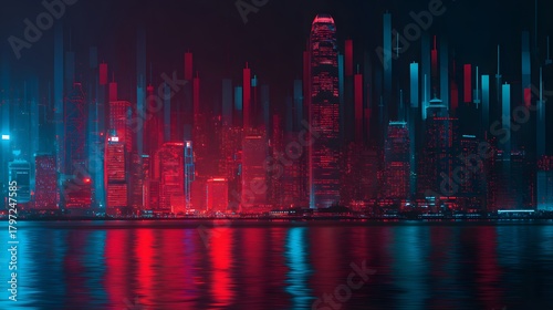 Illuminated futuristic cityscape glows with intense red and cyan light reflections upon dark water.