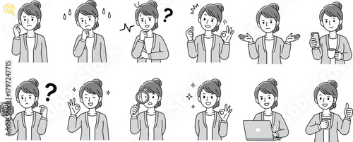 Business Woman Emotion and Action Icon Set: Confusion, Thinking, Idea, Communication, and Work