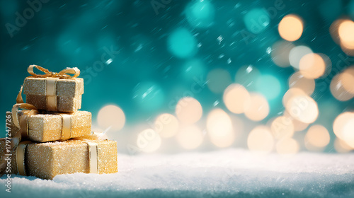 Golden Christmas gift boxes in sparkling winter snow
