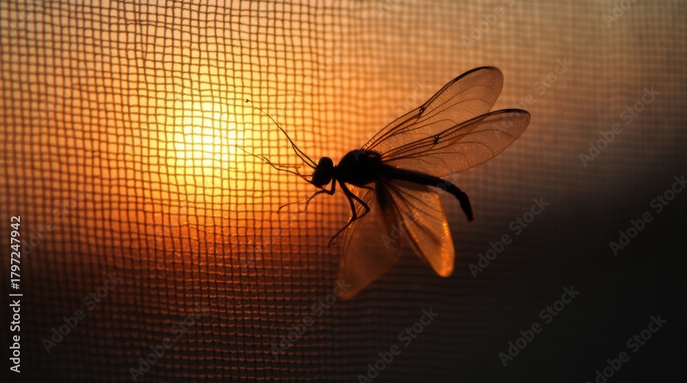 Obraz premium A delicate crane fly rests on a window screen silhouetted against a soft warm sunset 