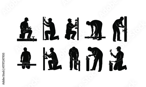 A diverse collection of plumber characters performing various pipe repair tasks presented as a silhouette isolated on white background