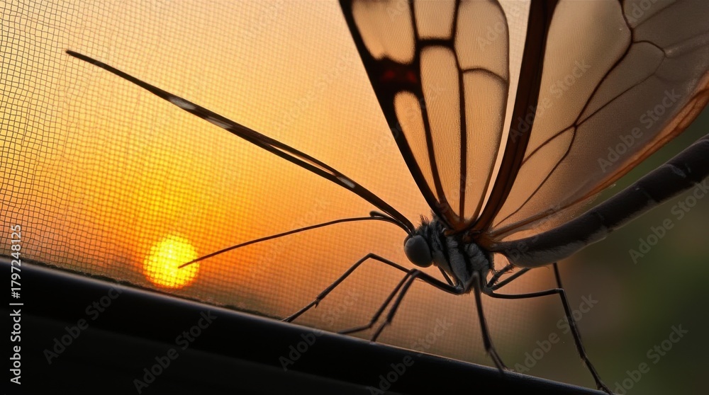 Obraz premium A delicate crane fly rests on a window screen silhouetted against a soft warm sunset 
