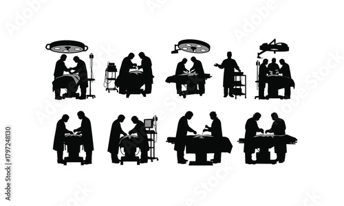 Silhouette of a surgeon performing a delicate operation in a sterile operating theater isolated on white background