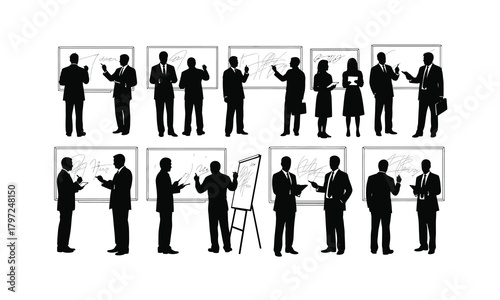 Silhouette of a teacher writing on a blackboard standing in front of a classroom of students isolated on white background