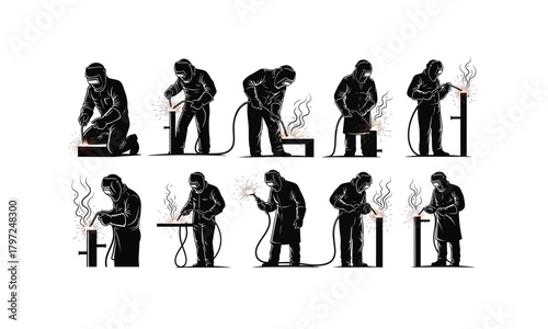 A diverse collection of welders performing various industrial tasks depicted as a silhouette isolated on white background