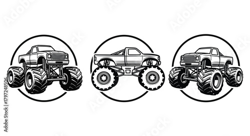 Three monster trucks within circular frames a black and white illustration