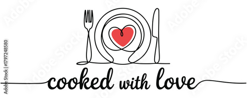 Cooked with love concept continuous line drawing of plate with heart vector illustration for restaurant or 