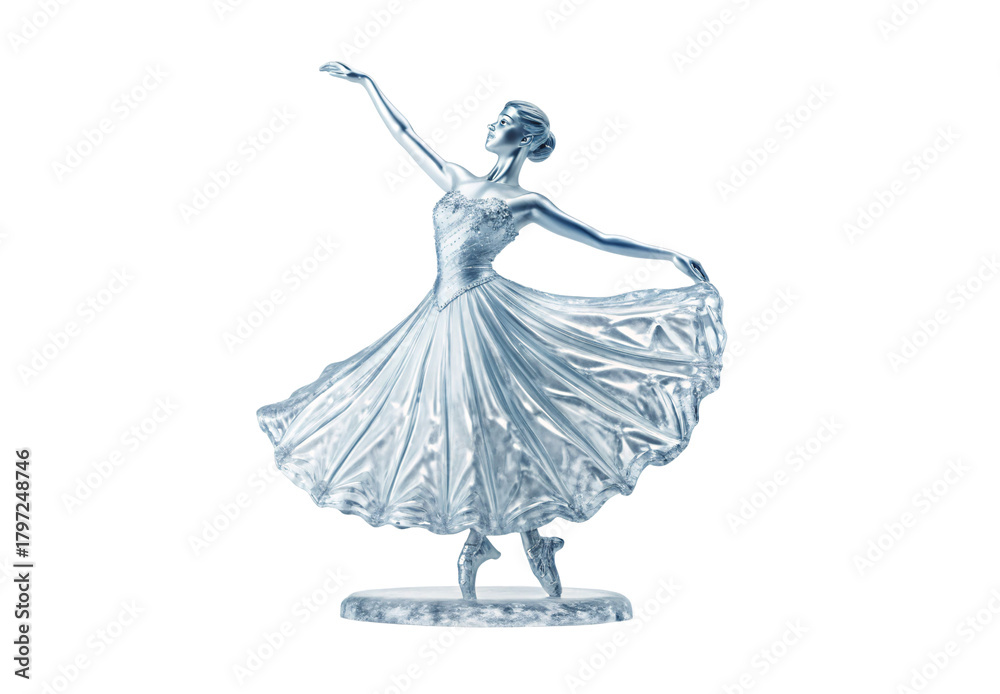 Obraz premium Ballet dancer figurine in flowing gown, graceful pose with raised arms, isolated on a transparent background