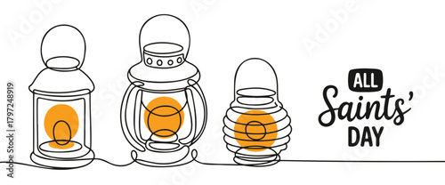 Continuous line drawing of lanterns vector illustration for All Saints Day isolated on white background