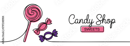 Candy shop logo design sweets and lollipop drawing in continuous line vector illustration for branding