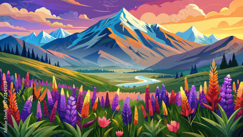 Very beautiful field of blooming lupines set against a majestic mountain landscape, with vibrant flower spikes rising in the foreground and layered peaks creating a serene and colorful natural scene.