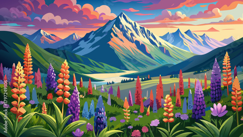 Very beautiful field of blooming lupines set against a majestic mountain landscape, with vibrant flower spikes rising in the foreground and layered peaks creating a serene and colorful natural scene.