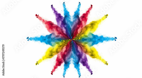 Colorful explosion of powder paint forming a star shape on a white background in a vibrant display